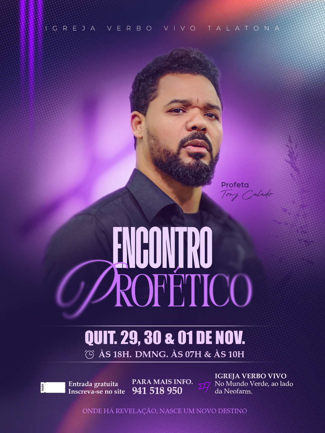 Flyer oficial do Encontro Profético com Profeta Tony Calado, Igreja Verbo Vivo Talatona